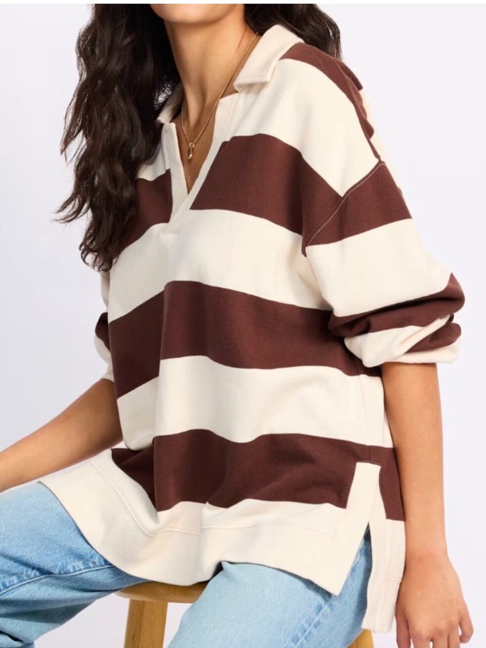Z SUPPLY BROWN STRIPE COTTON RUGBY BRUSHED FLEECE HENLEY